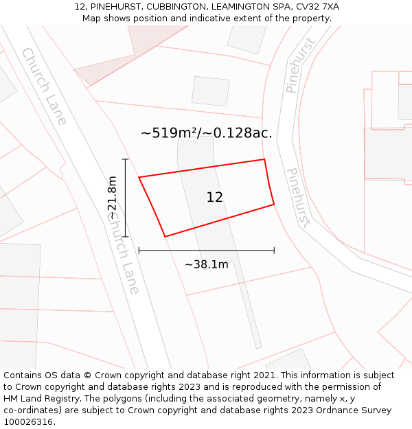 12, PINEHURST, CUBBINGTON, LEAMINGTON SPA, CV32 7XA: Plot and title map