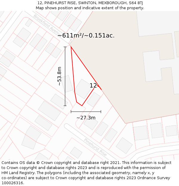 12, PINEHURST RISE, SWINTON, MEXBOROUGH, S64 8TJ: Plot and title map