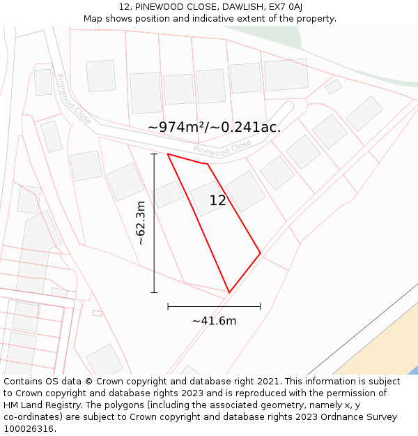 12, PINEWOOD CLOSE, DAWLISH, EX7 0AJ: Plot and title map