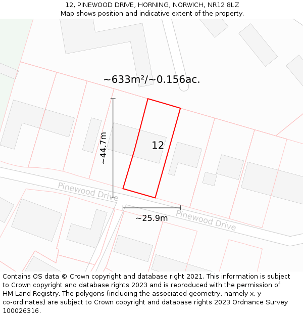 12, PINEWOOD DRIVE, HORNING, NORWICH, NR12 8LZ: Plot and title map