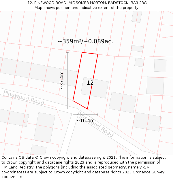 12, PINEWOOD ROAD, MIDSOMER NORTON, RADSTOCK, BA3 2RG: Plot and title map