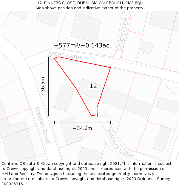 12, PINNERS CLOSE, BURNHAM-ON-CROUCH, CM0 8QH: Plot and title map
