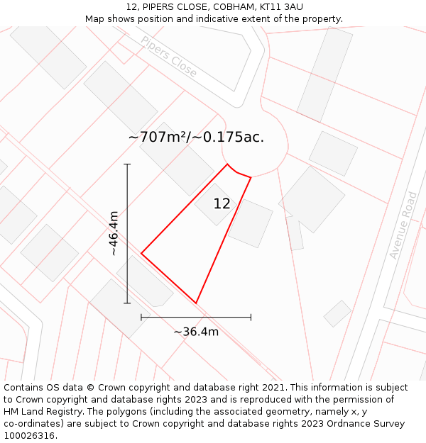 12, PIPERS CLOSE, COBHAM, KT11 3AU: Plot and title map