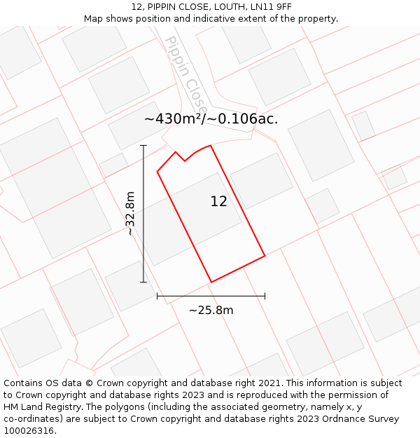 12, PIPPIN CLOSE, LOUTH, LN11 9FF: Plot and title map
