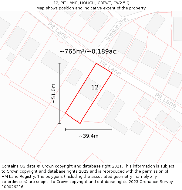 12, PIT LANE, HOUGH, CREWE, CW2 5JQ: Plot and title map
