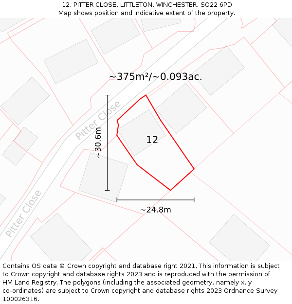 12, PITTER CLOSE, LITTLETON, WINCHESTER, SO22 6PD: Plot and title map