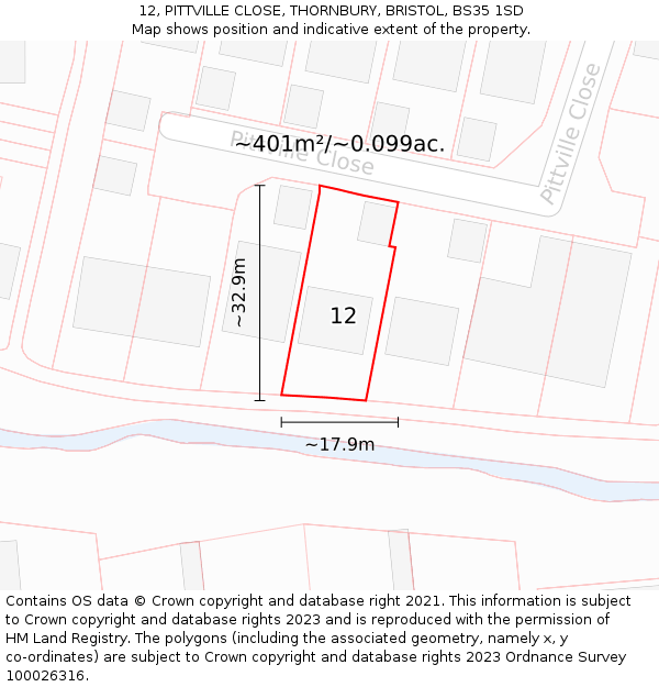 12, PITTVILLE CLOSE, THORNBURY, BRISTOL, BS35 1SD: Plot and title map