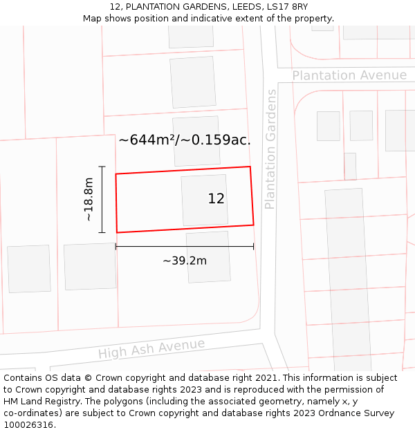 12, PLANTATION GARDENS, LEEDS, LS17 8RY: Plot and title map