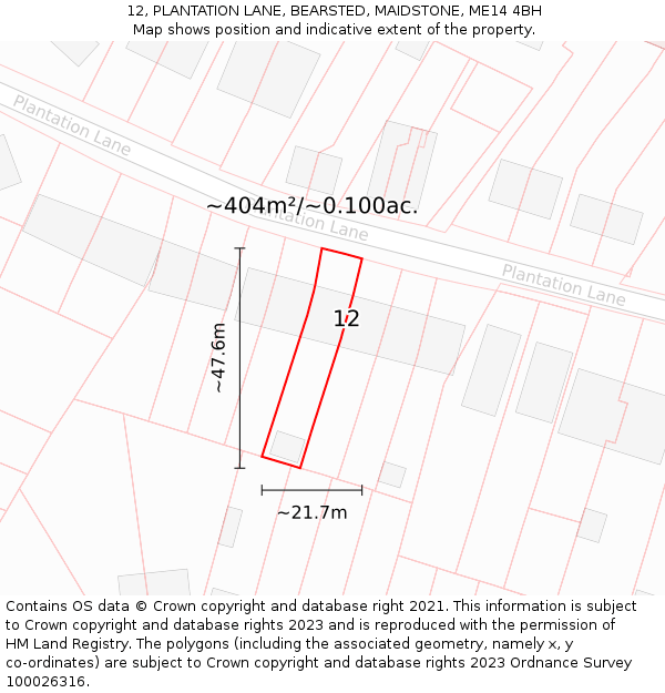 12, PLANTATION LANE, BEARSTED, MAIDSTONE, ME14 4BH: Plot and title map