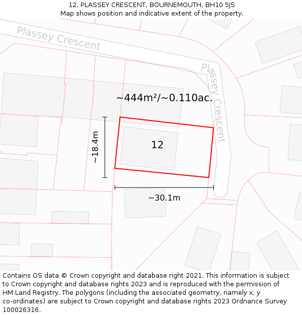 12, PLASSEY CRESCENT, BOURNEMOUTH, BH10 5JS: Plot and title map