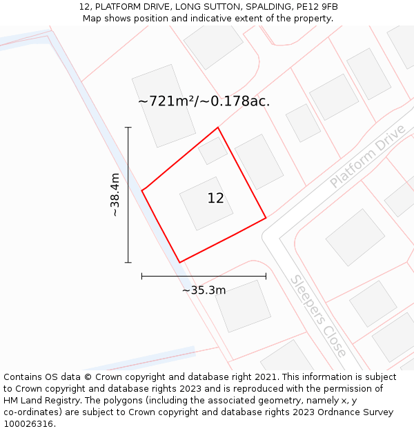 12, PLATFORM DRIVE, LONG SUTTON, SPALDING, PE12 9FB: Plot and title map