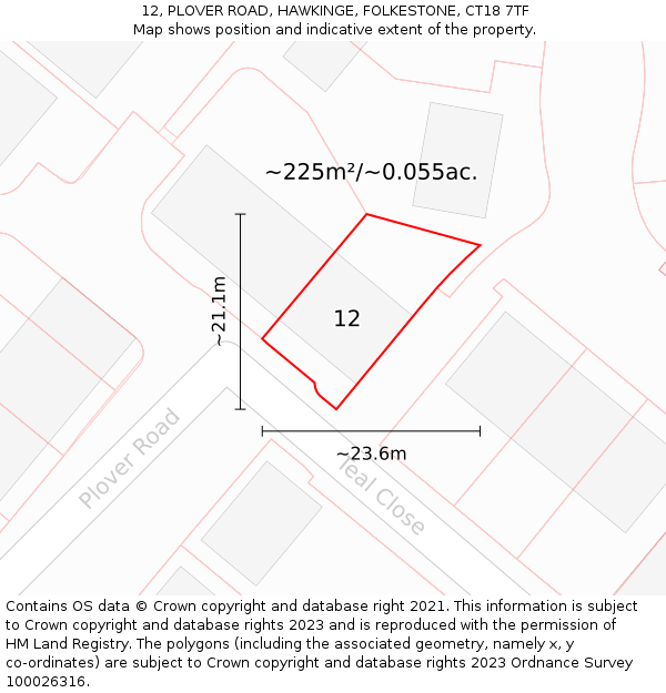 12, PLOVER ROAD, HAWKINGE, FOLKESTONE, CT18 7TF: Plot and title map