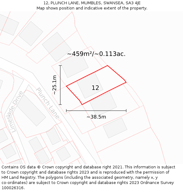 12, PLUNCH LANE, MUMBLES, SWANSEA, SA3 4JE: Plot and title map