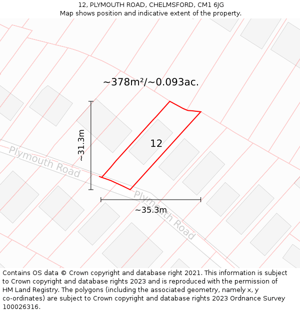 12, PLYMOUTH ROAD, CHELMSFORD, CM1 6JG: Plot and title map