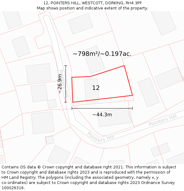 12, POINTERS HILL, WESTCOTT, DORKING, RH4 3PF: Plot and title map