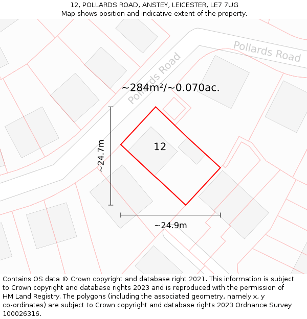12, POLLARDS ROAD, ANSTEY, LEICESTER, LE7 7UG: Plot and title map