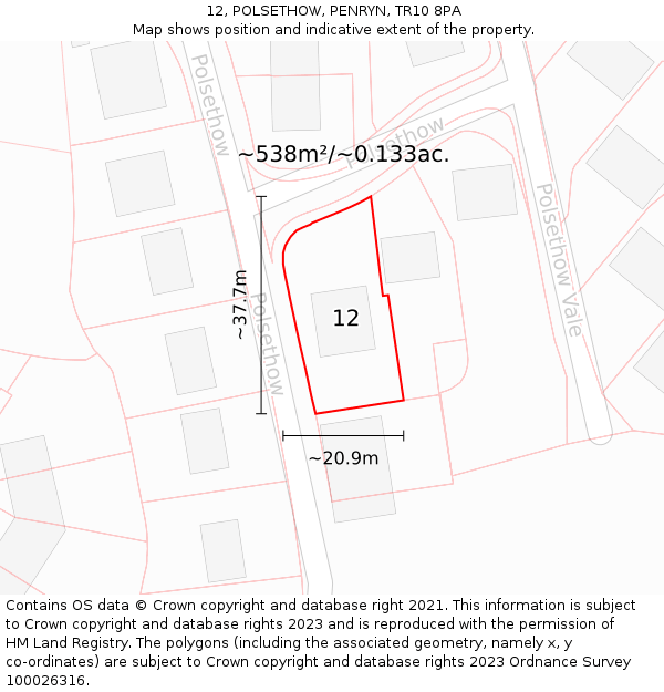 12, POLSETHOW, PENRYN, TR10 8PA: Plot and title map