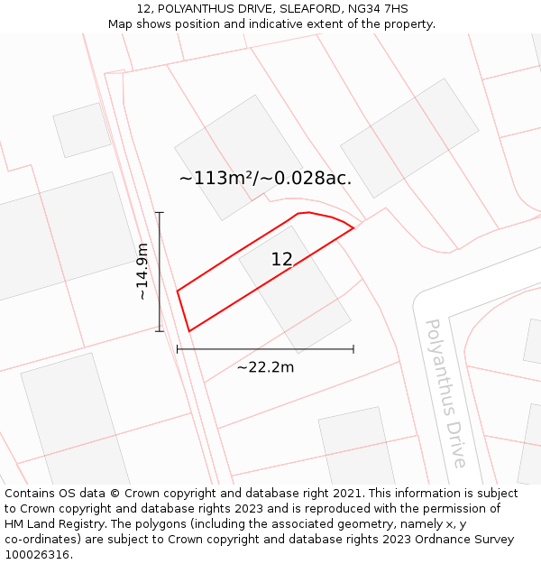 12, POLYANTHUS DRIVE, SLEAFORD, NG34 7HS: Plot and title map