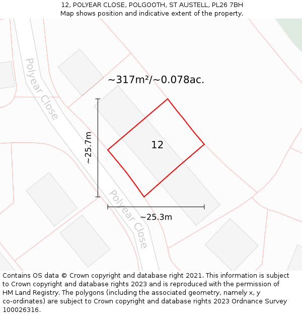 12, POLYEAR CLOSE, POLGOOTH, ST AUSTELL, PL26 7BH: Plot and title map