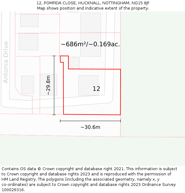 12, POMPEIA CLOSE, HUCKNALL, NOTTINGHAM, NG15 8JF: Plot and title map