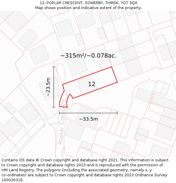 12, POPLAR CRESCENT, SOWERBY, THIRSK, YO7 3QA: Plot and title map