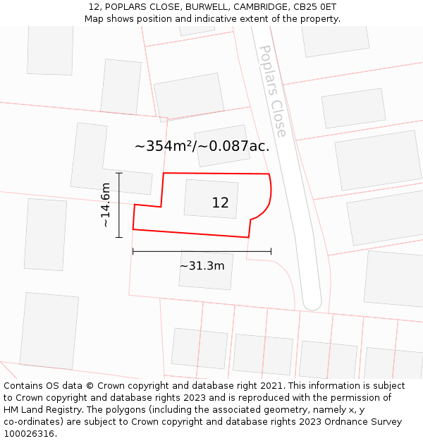 12, POPLARS CLOSE, BURWELL, CAMBRIDGE, CB25 0ET: Plot and title map