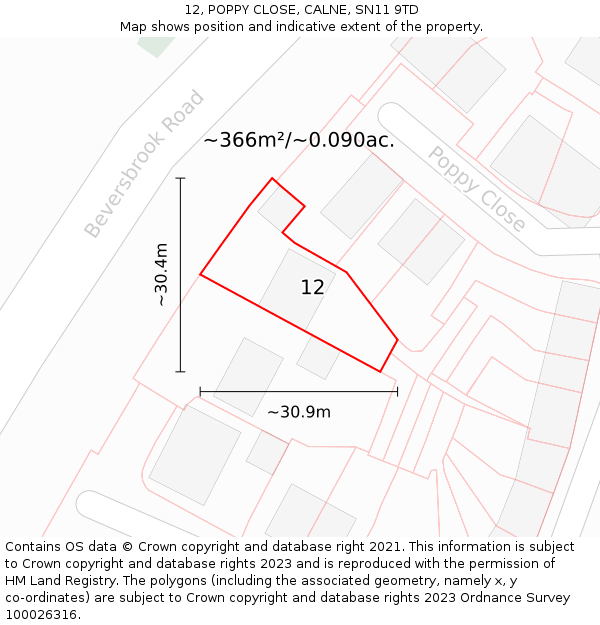 12, POPPY CLOSE, CALNE, SN11 9TD: Plot and title map