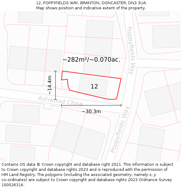 12, POPPYFIELDS WAY, BRANTON, DONCASTER, DN3 3UA: Plot and title map