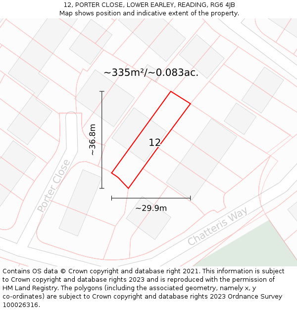 12, PORTER CLOSE, LOWER EARLEY, READING, RG6 4JB: Plot and title map