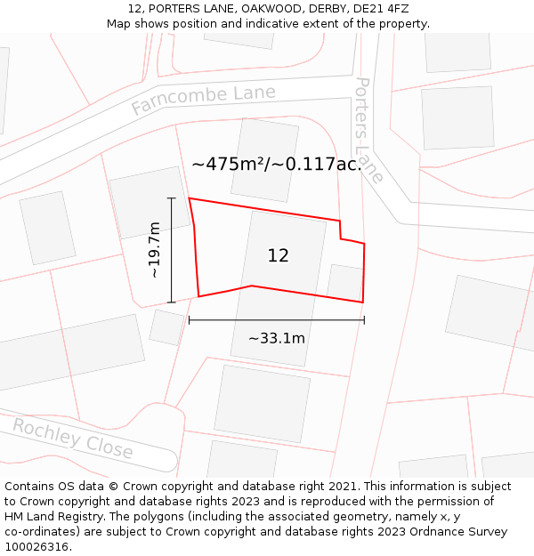 12, PORTERS LANE, OAKWOOD, DERBY, DE21 4FZ: Plot and title map