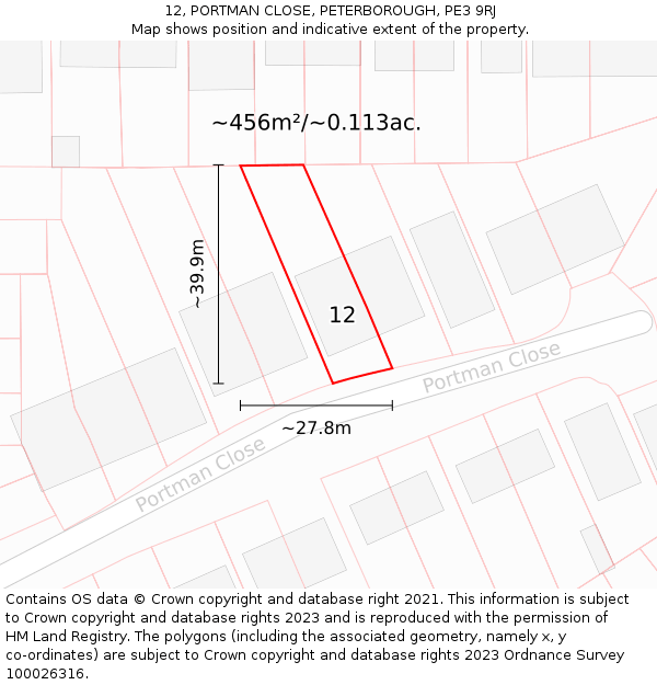12, PORTMAN CLOSE, PETERBOROUGH, PE3 9RJ: Plot and title map