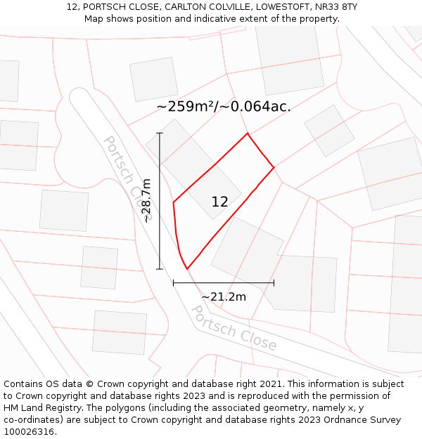 12, PORTSCH CLOSE, CARLTON COLVILLE, LOWESTOFT, NR33 8TY: Plot and title map
