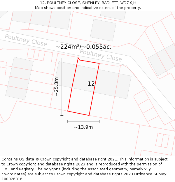 12, POULTNEY CLOSE, SHENLEY, RADLETT, WD7 9JH: Plot and title map