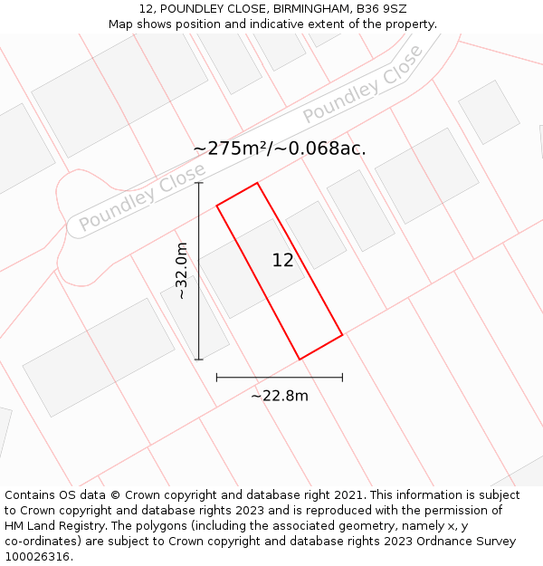 12, POUNDLEY CLOSE, BIRMINGHAM, B36 9SZ: Plot and title map