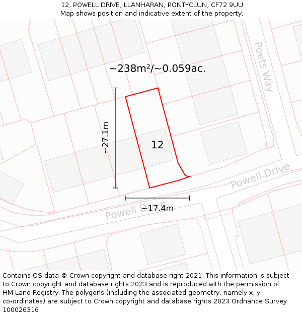 12, POWELL DRIVE, LLANHARAN, PONTYCLUN, CF72 9UU: Plot and title map