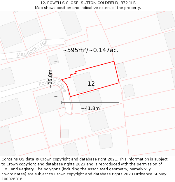 12, POWELLS CLOSE, SUTTON COLDFIELD, B72 1LR: Plot and title map