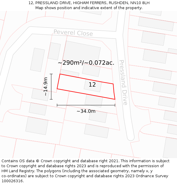 12, PRESSLAND DRIVE, HIGHAM FERRERS, RUSHDEN, NN10 8LH: Plot and title map