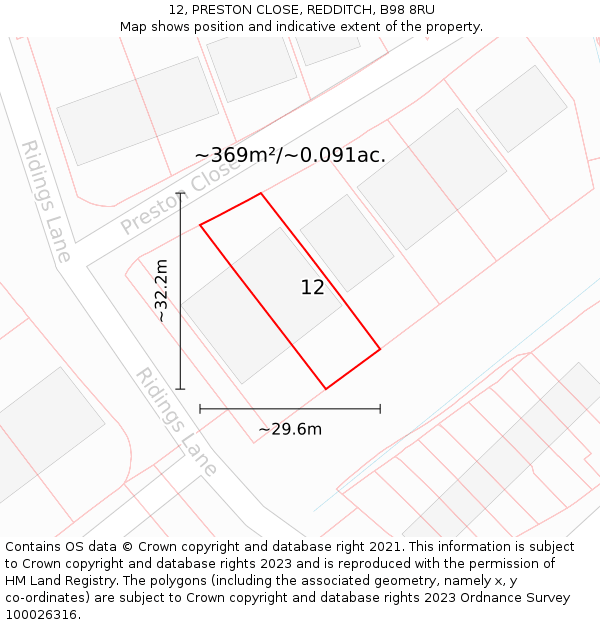 12, PRESTON CLOSE, REDDITCH, B98 8RU: Plot and title map