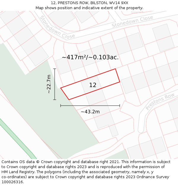 12, PRESTONS ROW, BILSTON, WV14 9XX: Plot and title map