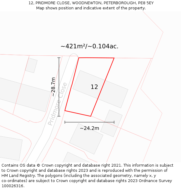 12, PRIDMORE CLOSE, WOODNEWTON, PETERBOROUGH, PE8 5EY: Plot and title map