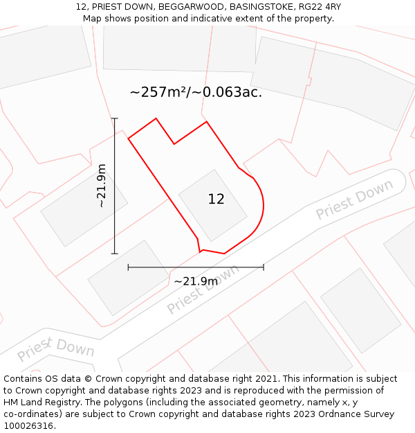 12, PRIEST DOWN, BEGGARWOOD, BASINGSTOKE, RG22 4RY: Plot and title map