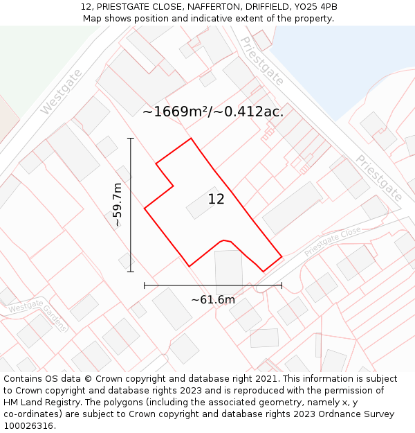 12, PRIESTGATE CLOSE, NAFFERTON, DRIFFIELD, YO25 4PB: Plot and title map