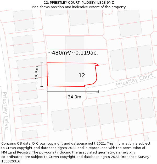 12, PRIESTLEY COURT, PUDSEY, LS28 9NZ: Plot and title map