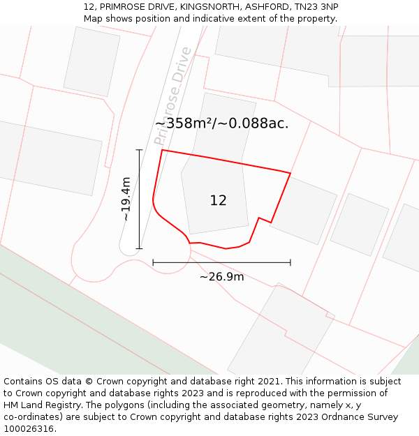 12, PRIMROSE DRIVE, KINGSNORTH, ASHFORD, TN23 3NP: Plot and title map