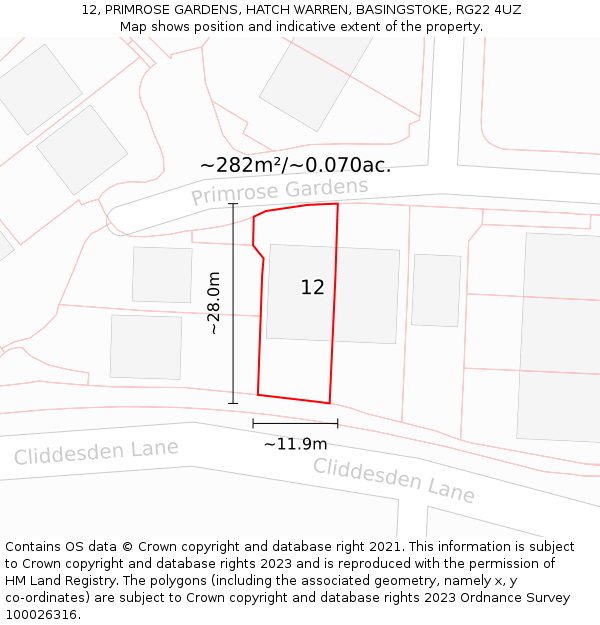 12, PRIMROSE GARDENS, HATCH WARREN, BASINGSTOKE, RG22 4UZ: Plot and title map