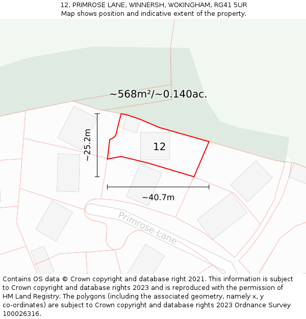 12, PRIMROSE LANE, WINNERSH, WOKINGHAM, RG41 5UR: Plot and title map