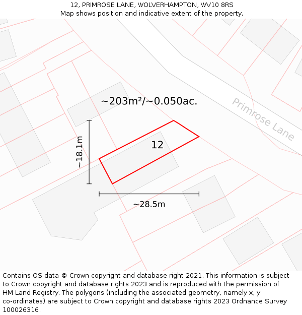 12, PRIMROSE LANE, WOLVERHAMPTON, WV10 8RS: Plot and title map