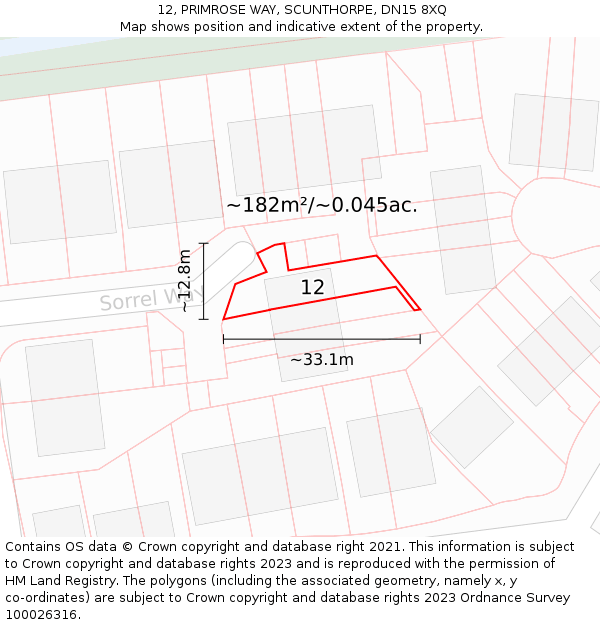 12, PRIMROSE WAY, SCUNTHORPE, DN15 8XQ: Plot and title map