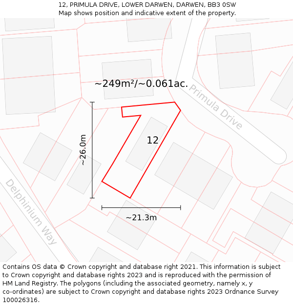 12, PRIMULA DRIVE, LOWER DARWEN, DARWEN, BB3 0SW: Plot and title map