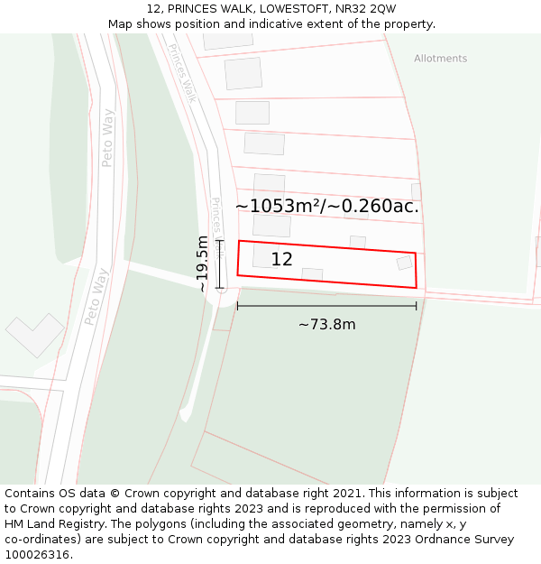 12, PRINCES WALK, LOWESTOFT, NR32 2QW: Plot and title map